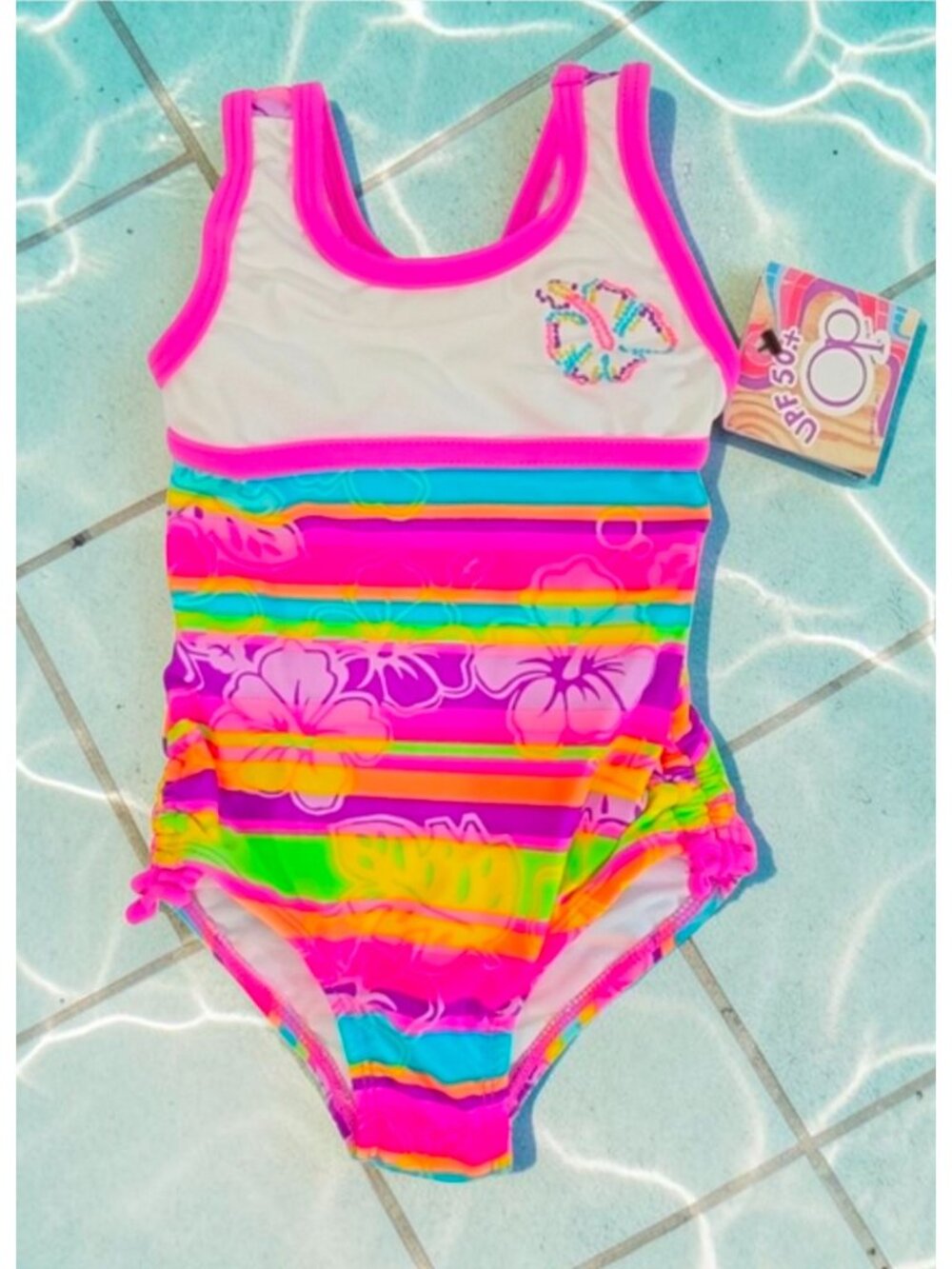 Girls Floral Striped Swimsuit With UPF 50+ Protection Size 12M Multicolor Stripe